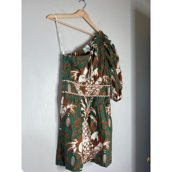NWT Cara Cara Danielle One Shoulder Lined Mini Dress Green Fruit Basket Size: 2 - Picture 3 of 8